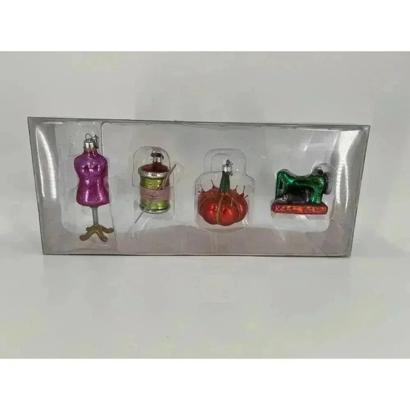 In Box 2002 Dept 56 Tiny Trimmings Glass Ornaments 4 Pc Seamstress Sewing - Picture 1 of 16